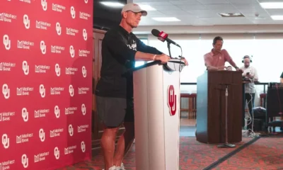 Oklahoma Sooners coach Brent Venables with the media on the first day of fall practices starting