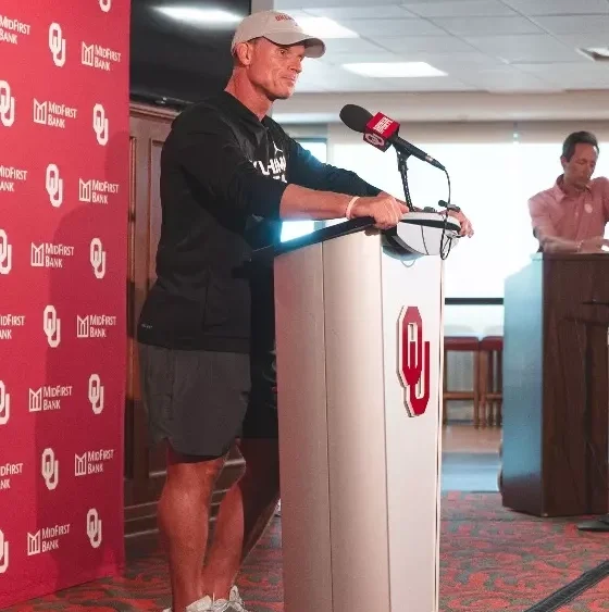 Oklahoma Sooners coach Brent Venables with the media on the first day of fall practices starting