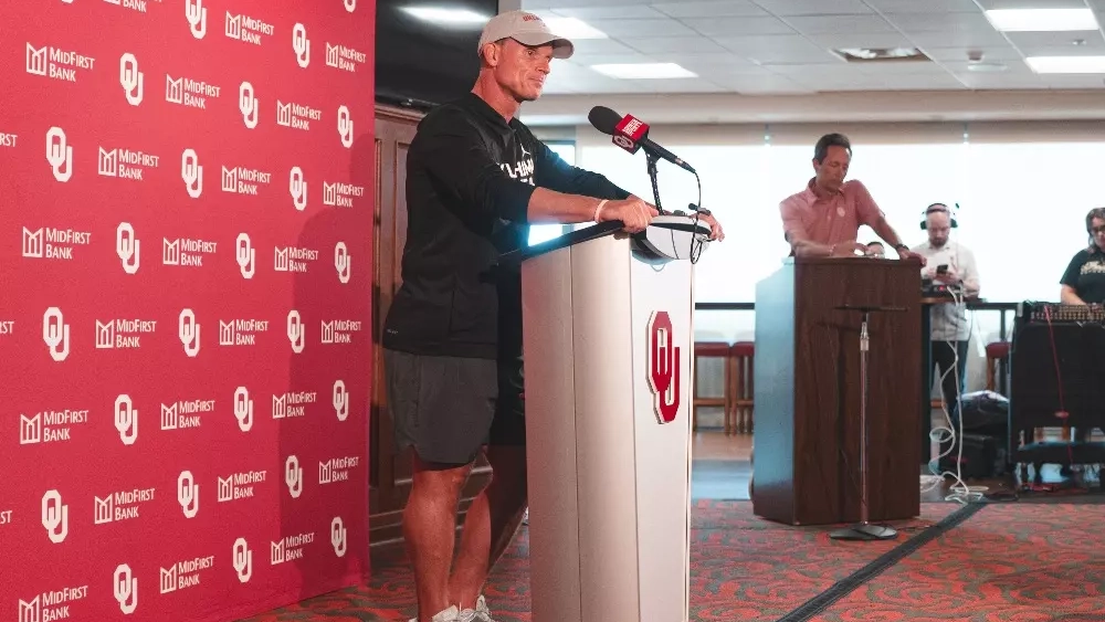 Oklahoma Sooners coach Brent Venables with the media on the first day of fall practices starting